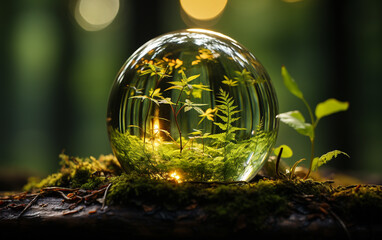 Obraz na płótnie Canvas Glass globe encircled by verdant forest flora, symbolizing nature, environment, sustainability, ESG, and climate change awareness.