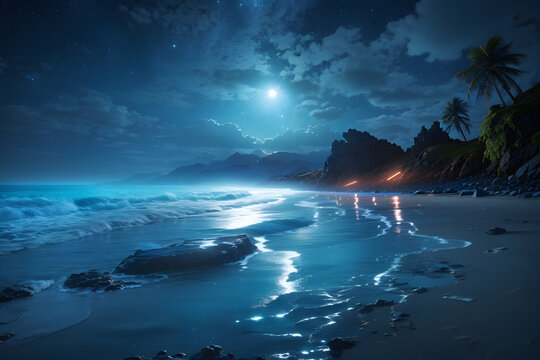 Beautiful 3D Sea View with Moon between Clouds in Anime Style