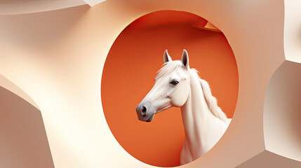 generated illustrationwhite horse looking through a circle hole  from a wall .