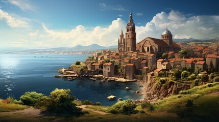 an elegant image of a coastal village with a historic church