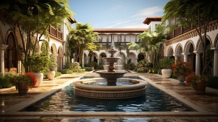 an elegant image of a Mediterranean villa courtyard with a central fountain