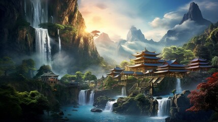 an elegant image of a mountain village with a mountain waterfall