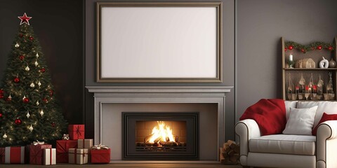 Photography mock up of a blank 45 painting frame above a fireplace with Christmas decorations and with lit fire