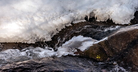 The rapid flow of the river with snow and ice is a large plan of suspension