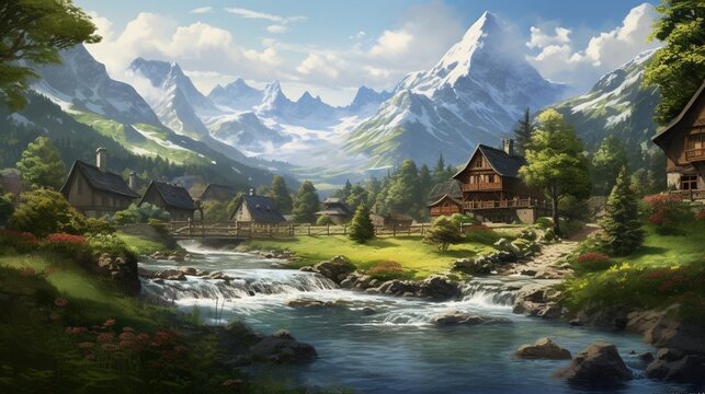 an elegant image of a mountain village with a serene mountain pond