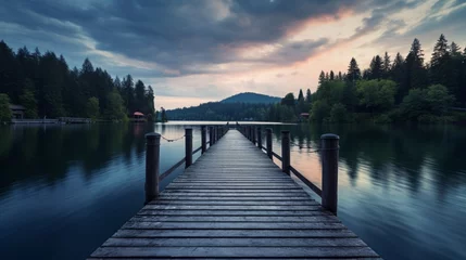 Zelfklevend Fotobehang an elegant lakeside image featuring a wooden dock © Wajid