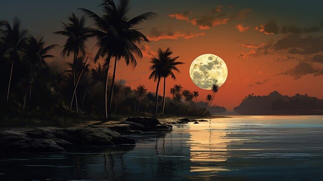 an elegant lakeside image featuring a tropical moonrise