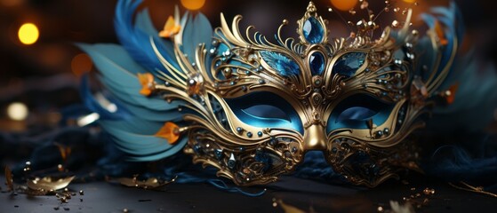 Obraz premium Realistic luxury carnival mask with blue feathers. Abstract blurred background