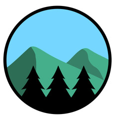 Outdoor circle design with pine trees and mountains - Vector Illustration