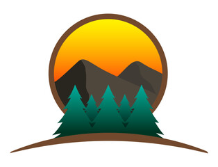 Sunset landscape with pine trees and mountains in a circle design - Vector Illustration