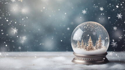 Fototapeta na wymiar Whimsical Christmas Holidays Snow Globe with Evergreen Trees and Snowfall on Gray and Silver Background with Twinkle Lights Background Effect - Xmas Decor Theme with Copy Space