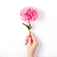 girl holds one carnation in her hand on a white background. Flat lay, top view minimal festive spring flower background.