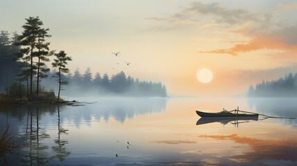 an elegant lakeside scene with a lone rowboat on a calm morning
