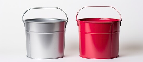 In a photograph, a metallic galvanized tin bucket sits isolated in the white background, empty and unused, its colored handle and metallic material giving a sense of it being a household object for