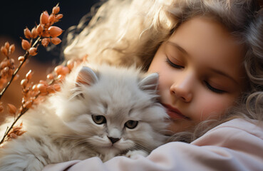 Little girl holding a white kitten in her arms