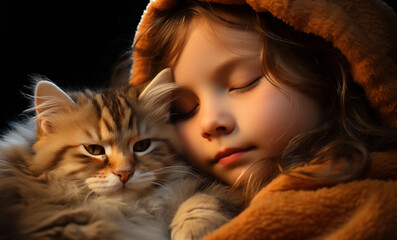 Little girl sleeping hugging her pet kitten