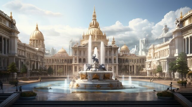 an elegant picture of a city square with a grand fountain centerpiece