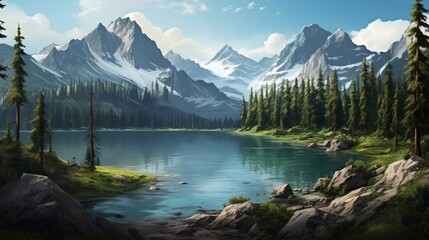 Fototapeta na wymiar an elegant picture of a mountain lake surrounded by pine trees