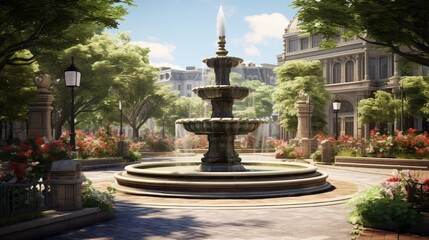 Fototapeta na wymiar an elegant picture of an urban oasis with a tiered fountain