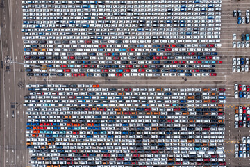 Neat rows of cars awaiting shipment, bird's-eye view