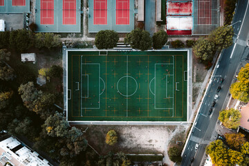 Aerial symmetry of a soccer field in Montpellier. - obrazy, fototapety, plakaty