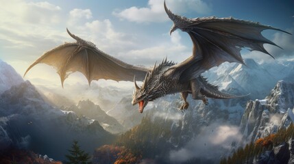A majestic dragon soaring over an ancient mountain range - obrazy, fototapety, plakaty