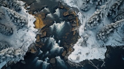 An overhead perspective capturing a wintry day along a forested river.