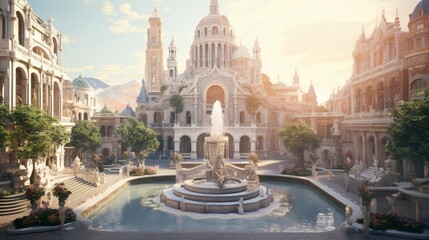 an elegant picture of a city square with a grand fountain centerpiece