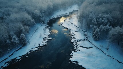 An overhead perspective capturing a wintry day along a forested river.