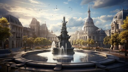 an elegant picture of a city square with a grand fountain centerpiece