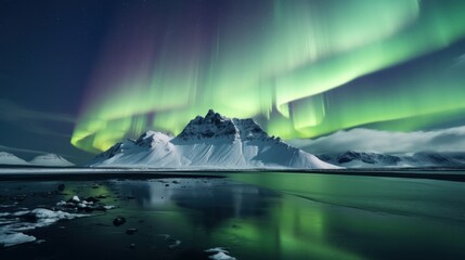 The mesmerizing Northern Lights, also known as the Aurora Borealis, illuminating the night sky with vibrant shades of green above the winter landscape of Lofoten Islands, Norway