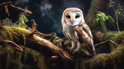 A wise-looking barn owl perched on a moss-covered branch