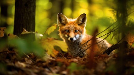 Obraz premium A curious fox in a dense forest