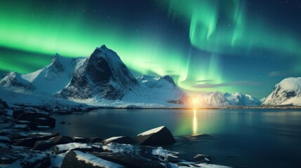 A breathtaking sight of luminous green aurora borealis illuminating the night sky above a snow-capped mountain ridge