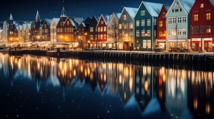 A panoramic view showcasing the historic charm of Bergen during the Christmas season. The scene features the iconic old wooden Hanseatic houses that define the character of Bergen's architecture.
