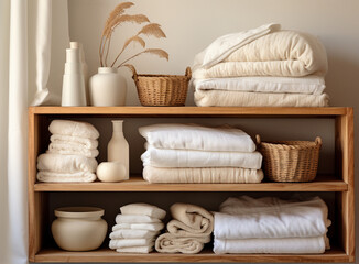 white towels and household chemicals are neatly stacked on wooden shelves,,proper organization of storage of things aimed at reducing excessive consumption,the concept of conscious purchases