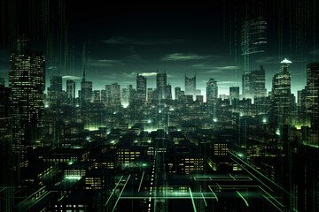Fototapeta na wymiar urban landscape with printed circuit board patterns,symbolizing penetration into cyberspace,a look at the city through the eyes of a cybercriminal,digital illustration