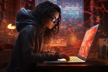 Fototapeta premium portrait of a cybercriminal girl in dark glasses looking intently into a laptop and planning a cyber attack, the concept of digital espionage and theft of personal information,women's cybercrime