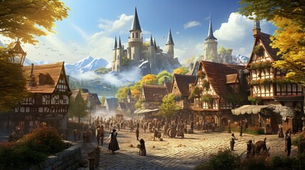 an image of an elegant mountain village with a bustling town square - obrazy, fototapety, plakaty