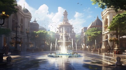 an image of a bustling plaza with a dancing water fountain - Powered by Adobe