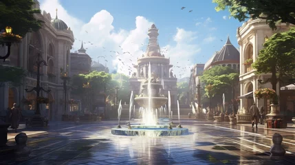 Fotobehang an image of a bustling plaza with a dancing water fountain © Wajid