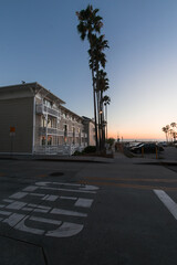 Fototapeta na wymiar A building accompanied by a row of palm trees, during a sunset in California.