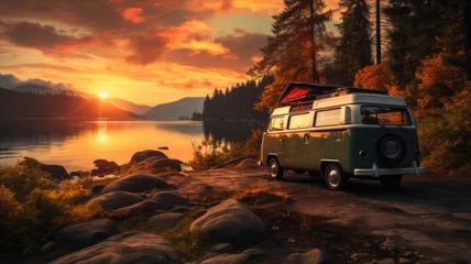Foto op Plexiglas How can a scenic sunset road trip by the riverside in nature provide an adventurous and liberating experience while traveling in a van?  © Alexander