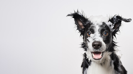 happy black wet dog taking bath with soap foam on his head . white background. copy space - obrazy, fototapety, plakaty