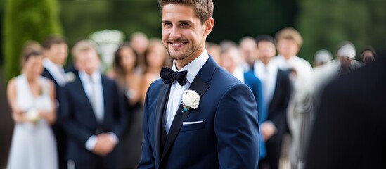 At the morning wedding celebration, a confident and elegant young man with a groom's hairstyle, beard, blue eyes, and a formal bow tie, wore a handsome portrait as he happily celebrated his marriage - obrazy, fototapety, plakaty
