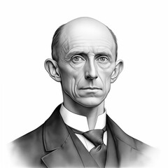 Black and white vintage engraving, headshot portrait of Wilbur Wright, the famous American inventor and aviation pioneer, white background, greyscale - Generative AI