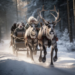 Santa Claus on a sled in the snowy forrest pushed by reindeers 