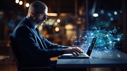 disabled man businessman in the world of modern technology, banner