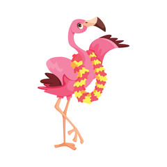 Pink Flamingo Character with Long Neck and Legs Wear Hawaiian Wreath Vector Illustration