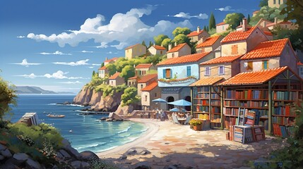 an image of a coastal village with a charming seaside bookshop